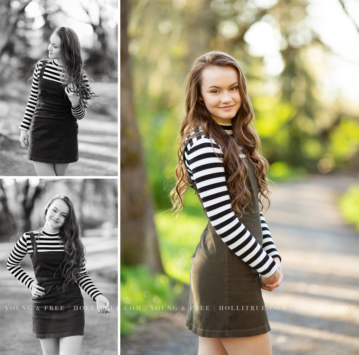 Stylish senior pictures | Overall dress with striped shirt | Fun and cute senior pictures | Holli True Photography