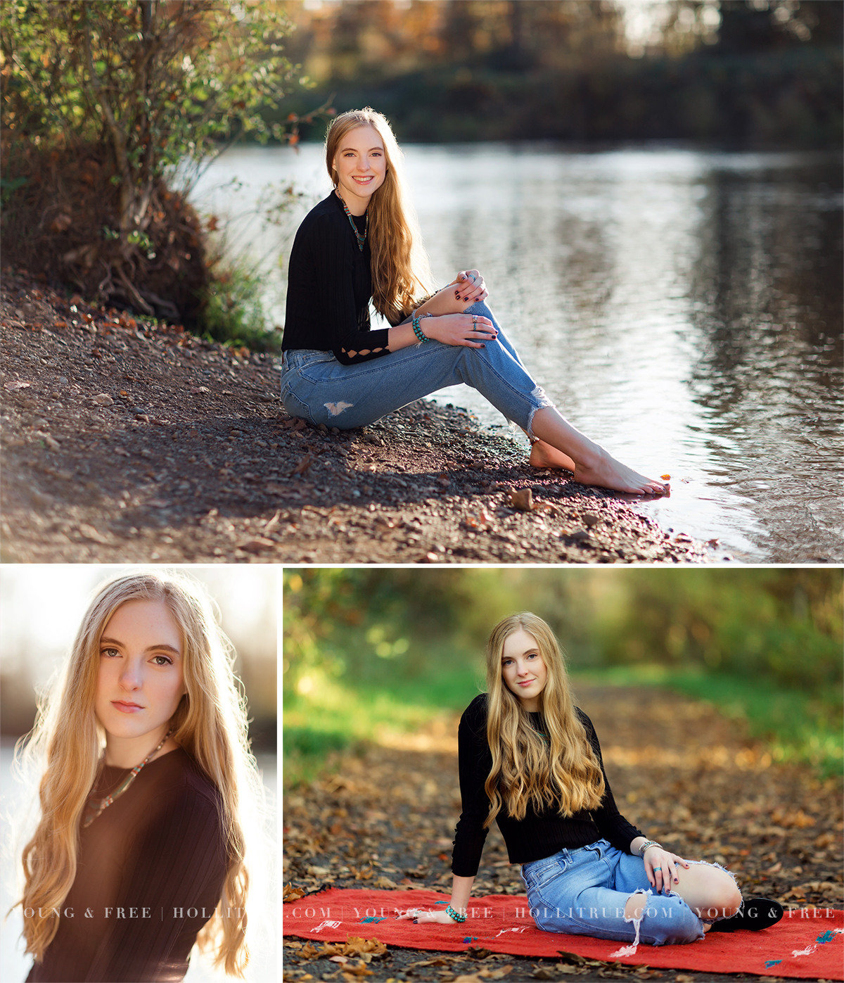 Natural senior pictures in the fall at the river by Corvallis senior photographer, Holli True.