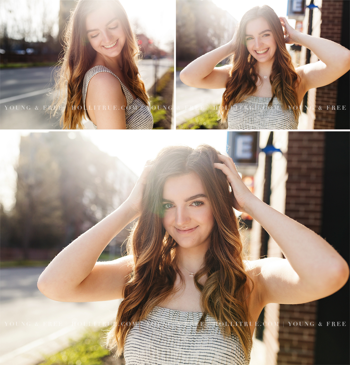 Senior pictures on city sidewalk with natural sun flare by Oregon senior photographer, Holli True
