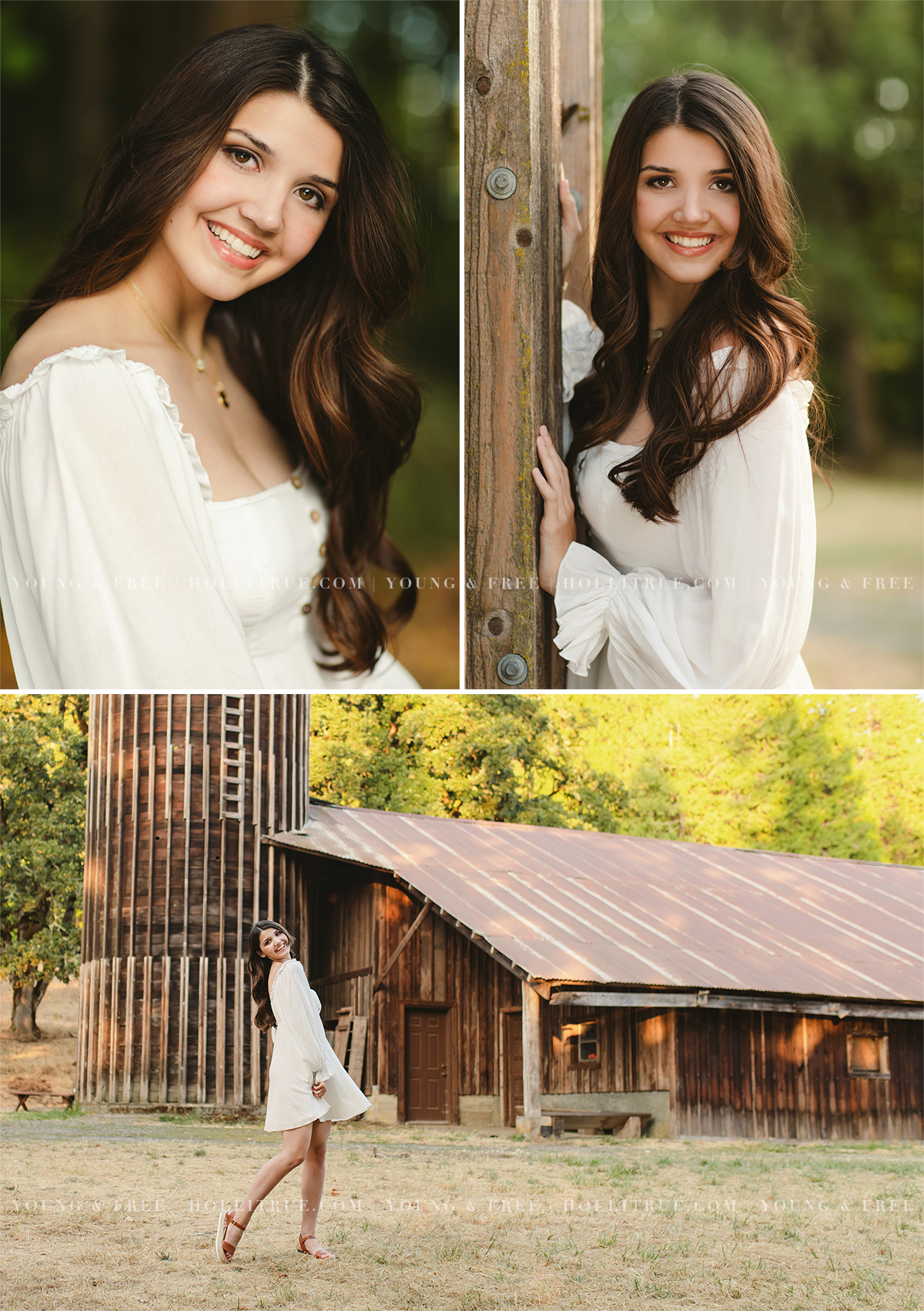 Rustic barn senior photos with a girl in a dress at sunset by Oregon senior portrait photographer, Holli True