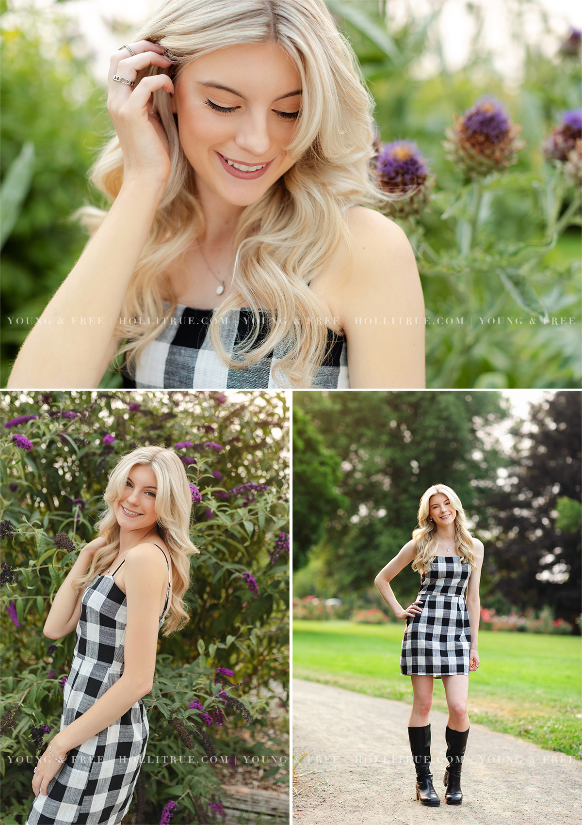 Bend high school senior pictures in a garden of a girl in a black and white checkered dress by Eugene senior photographer, Holli True