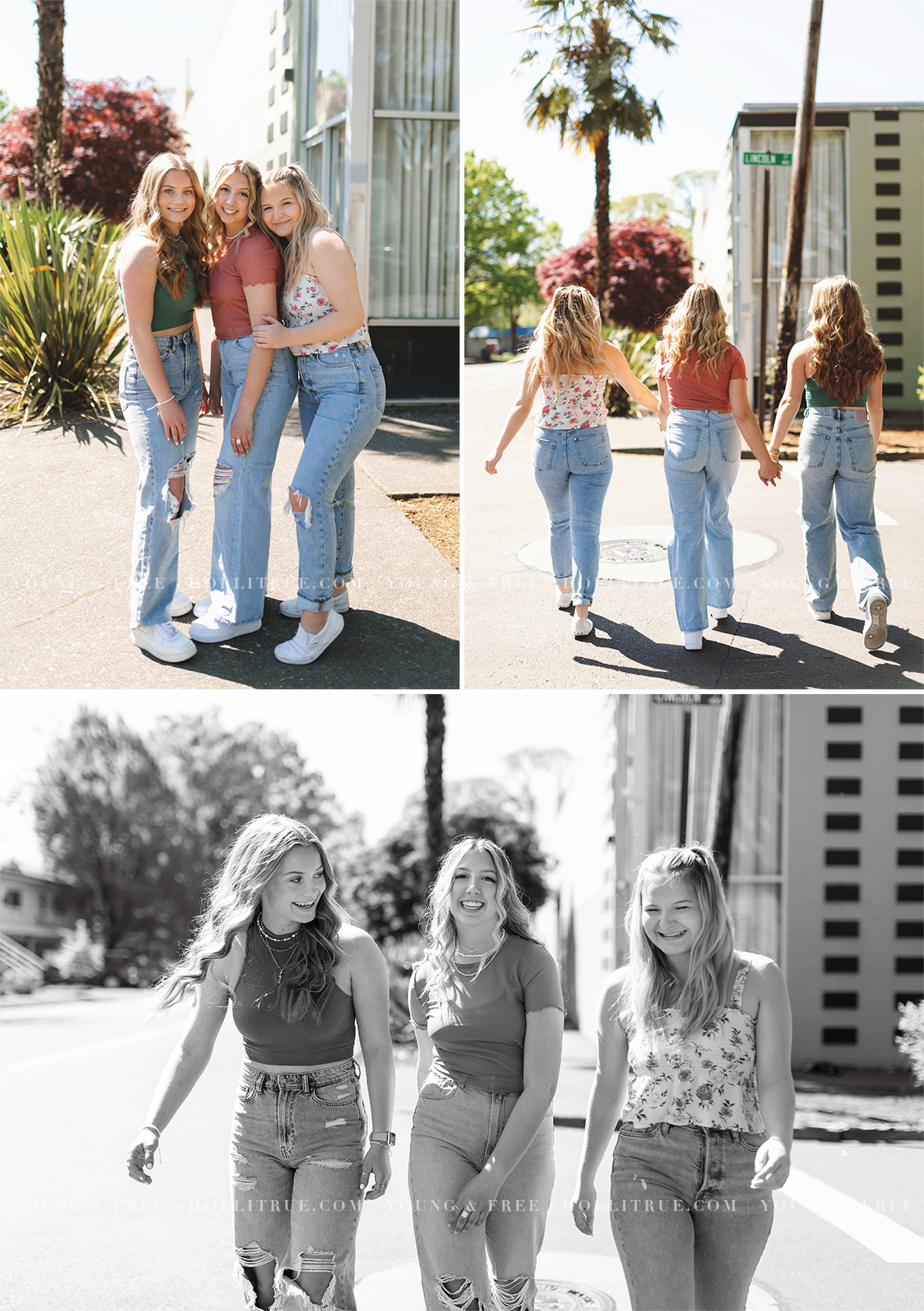 Personality-infused senior pictures with three best friends in an urban location