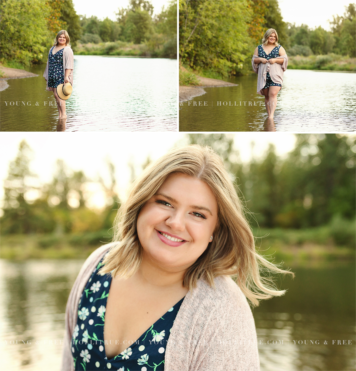 Beautiful senior pictures of a girl in a river at sunset by Holli True