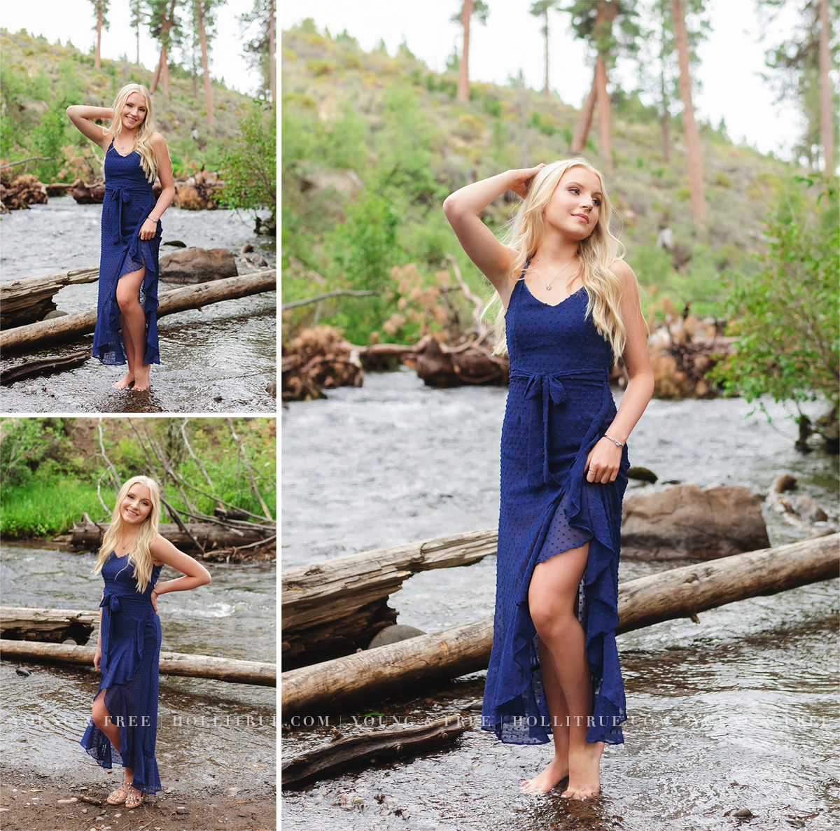 Senior pictures of a girl in a river wearing a beautiful blue dress by Oregon Senior Photographer, Holli True