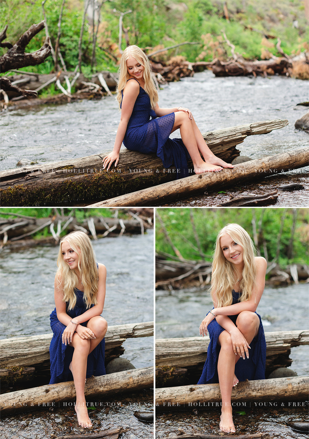 Beautiful natural senior pictures of a high school senior sitting on a log in the river by Bend Oregon senior photographer, Holli True