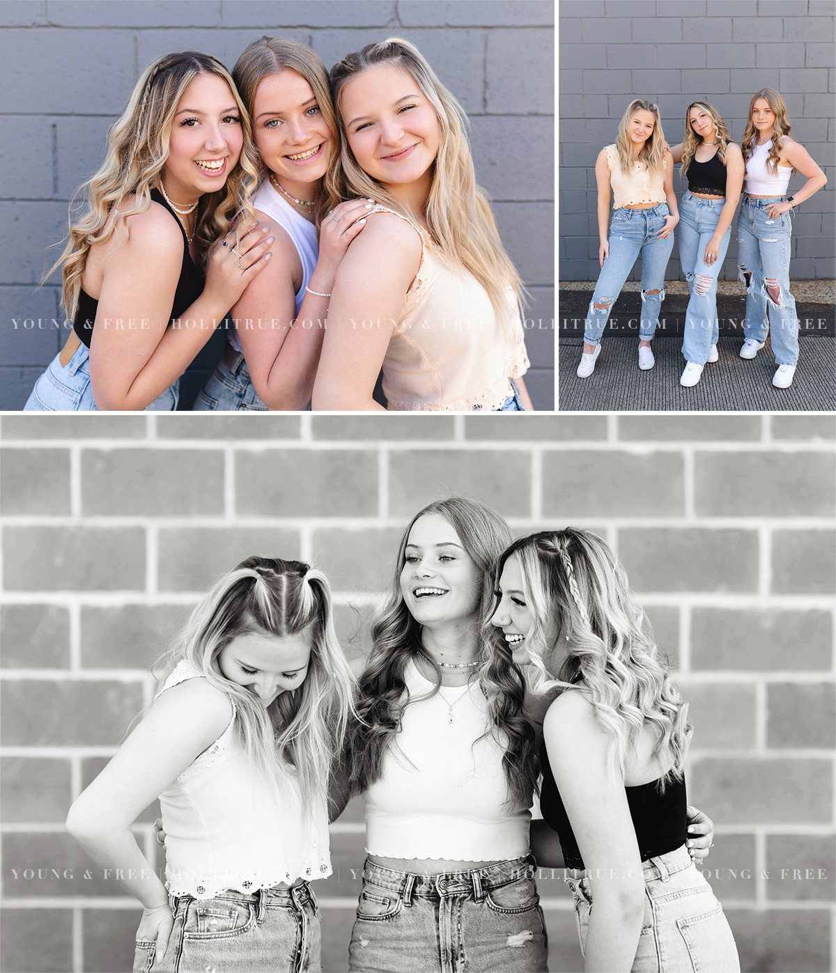 Senior Session with three best friends laughing with brick and concrete buildings around them