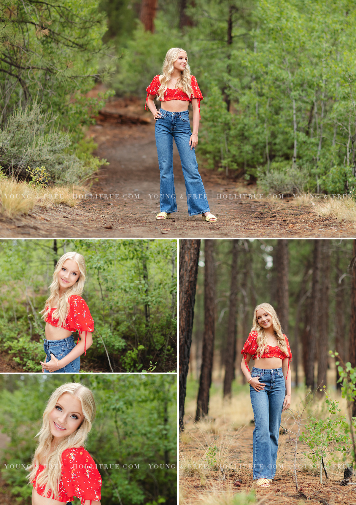 Gorgeous Bend Oregon senior pictures of a girl in a red floral shirt in a forest by Holli True Photography